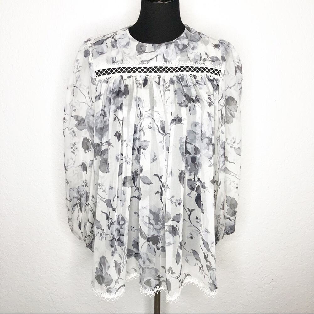 Zimmerman white gray floral lace eyelet trim silk top size 1 or Small